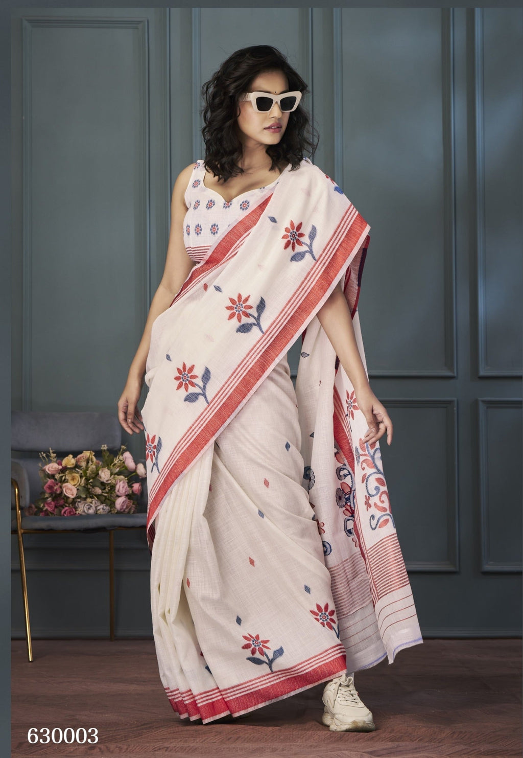 Anaita Off White Designer Weaving Handloom Linen Saree With Blouse - Distacart