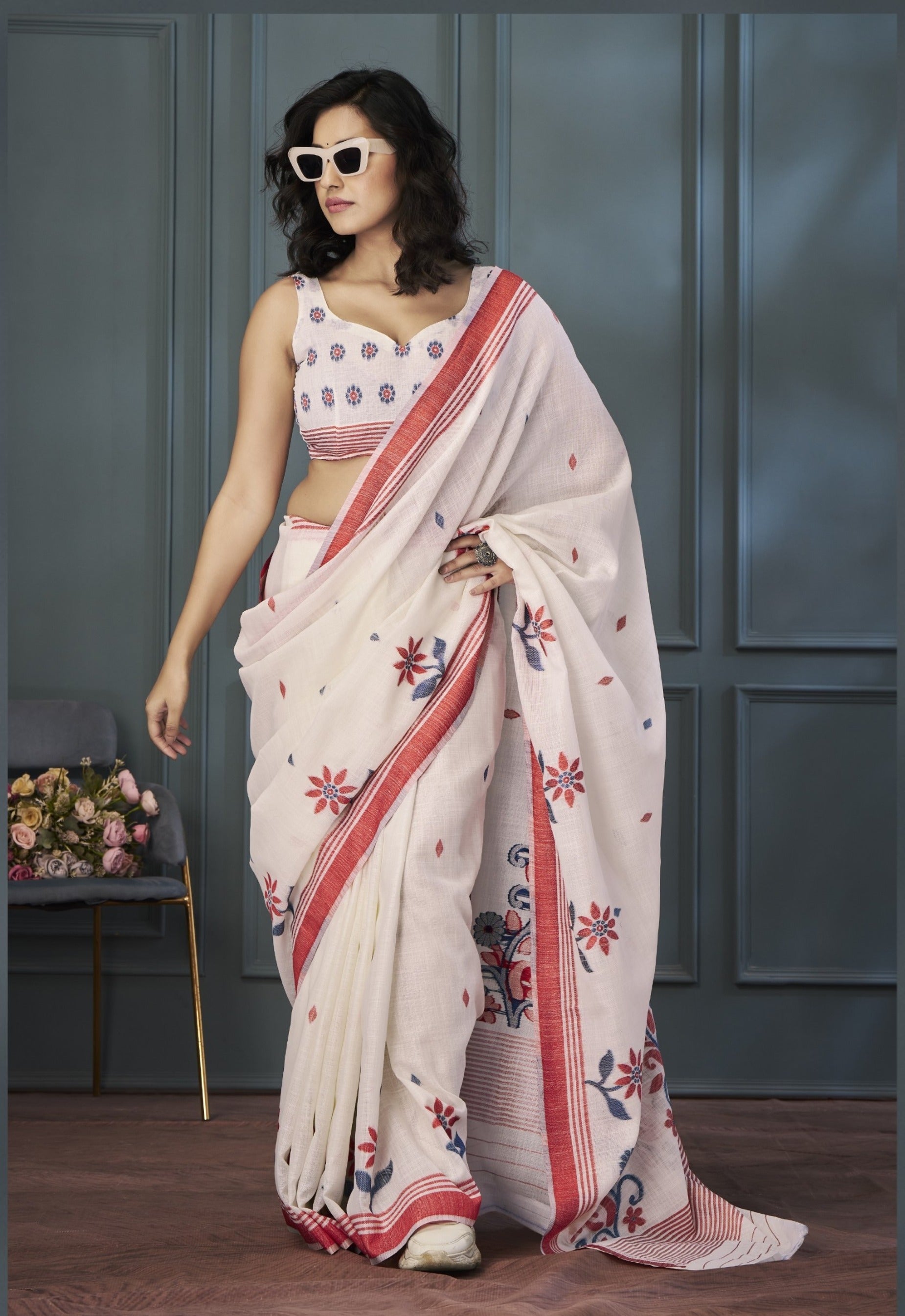 Anaita Off White Designer Weaving Handloom Linen Saree With Blouse - Distacart