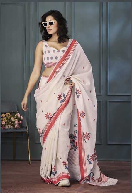 Anaita Off White Designer Weaving Handloom Linen Saree With Blouse