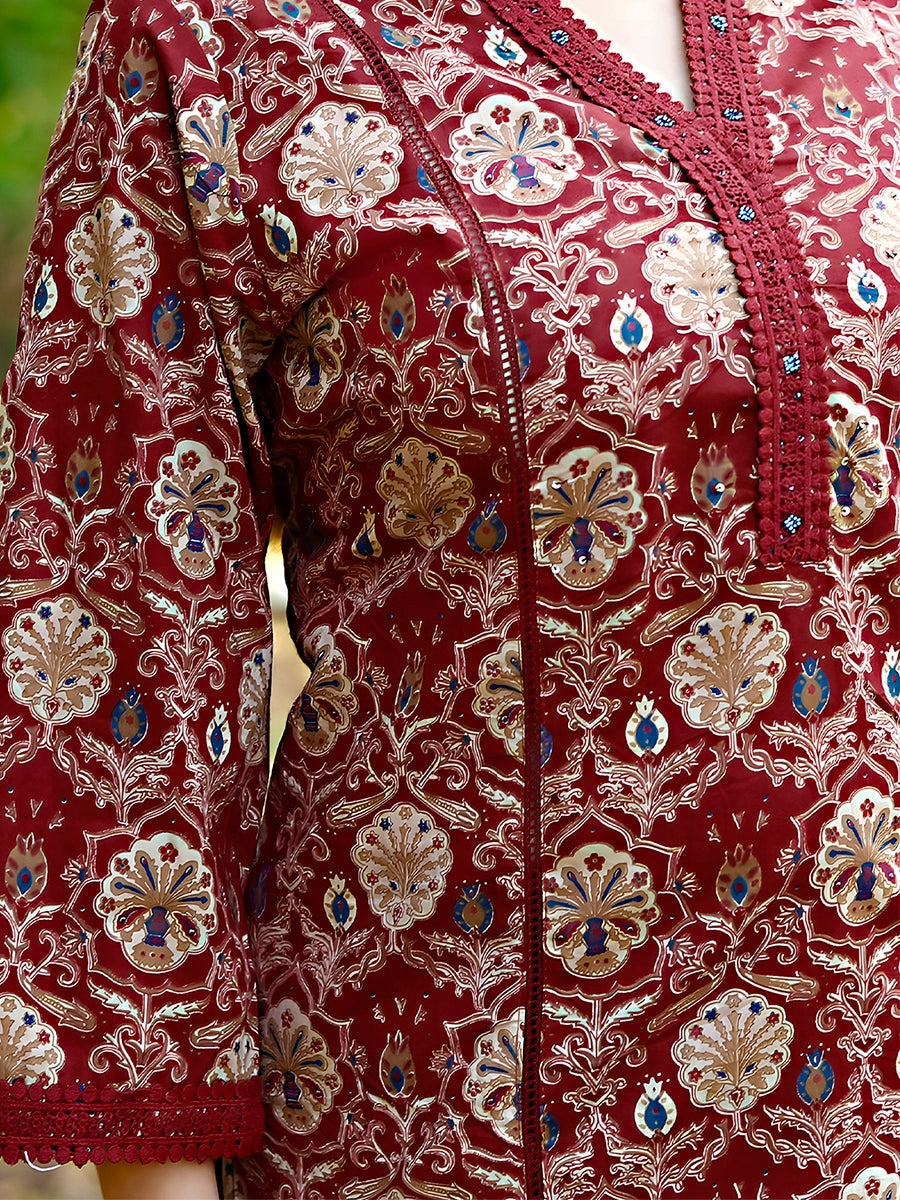 Hand Embroidered & Floral Printed Lace Detailed Kurta With Printed Pant & Dupatta Premium Luxury, Multicolor - Hiral Fashion