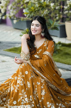 Yash Enterprise Mustard Georgette And Silk Embroidered Anarkali Salwar Suit - Distacart