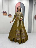 Yash Enterprise Mahendi Green Vichitra Silk Party Wear Embroidery Crop Top With Blouse Lehenga Choli - Distacart