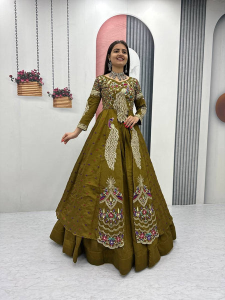 Yash Enterprise Mahendi Green Vichitra Silk Party Wear Embroidery Crop Top With Blouse Lehenga Choli