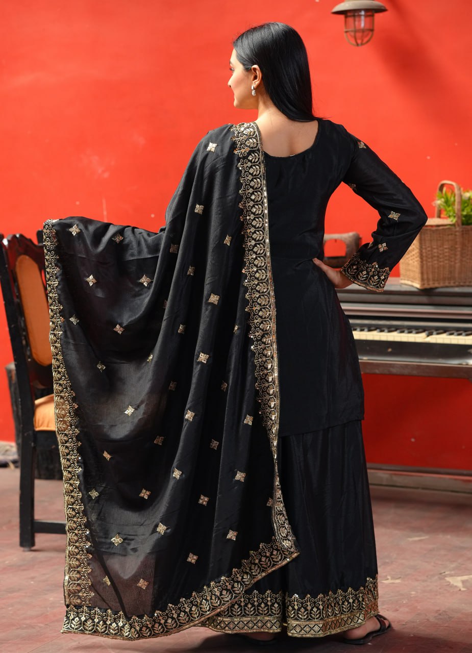 Yash Enterprise Black Chinon Silk Party Wear Embroidery Party Wear Suit Set - Distacart