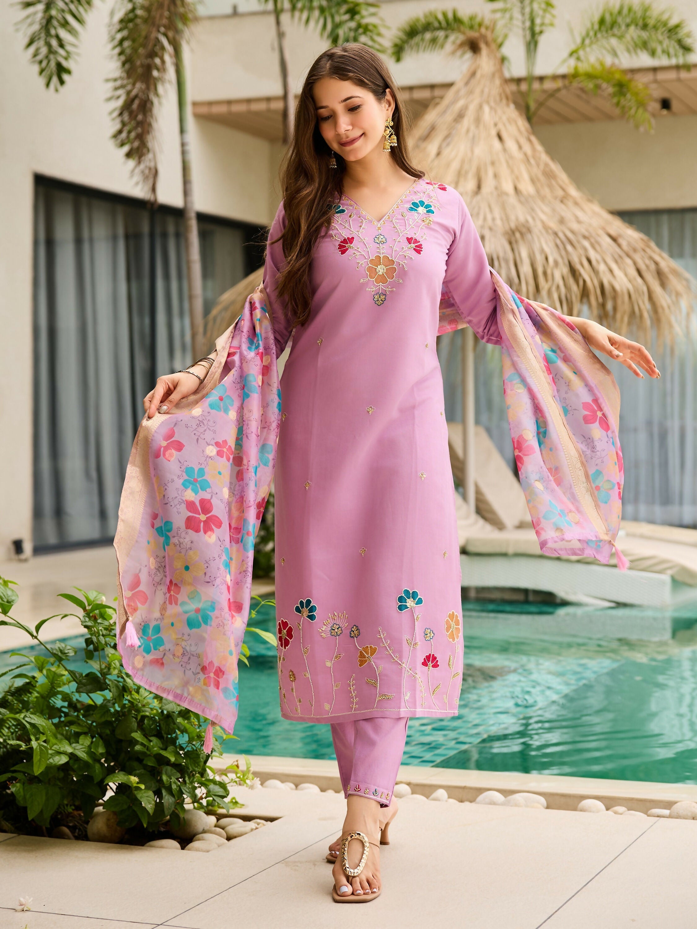 The52 Lavender Women's Gorgeous Embroidered work Viscose Gadhwal Fabric Straight Kurta, Pant and Dupatta Set - Distacart