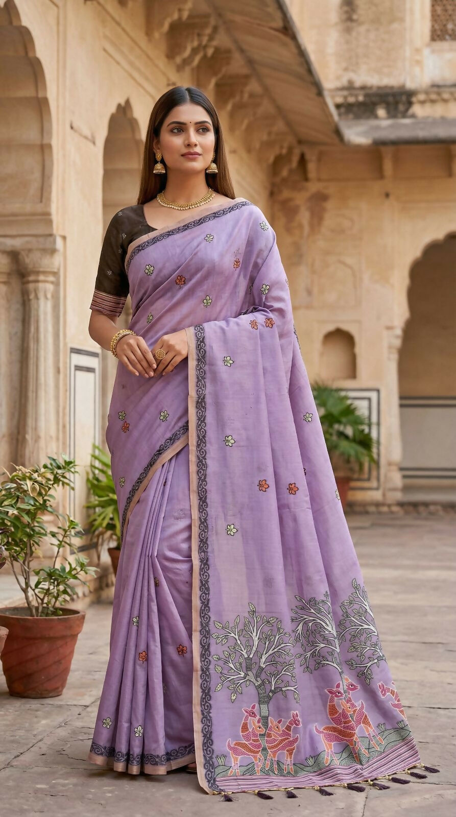 Vastranavya Lavender Muga Cotton Meenakari & Azarakh Pallu Saree with Contrast Blouse - Distacart