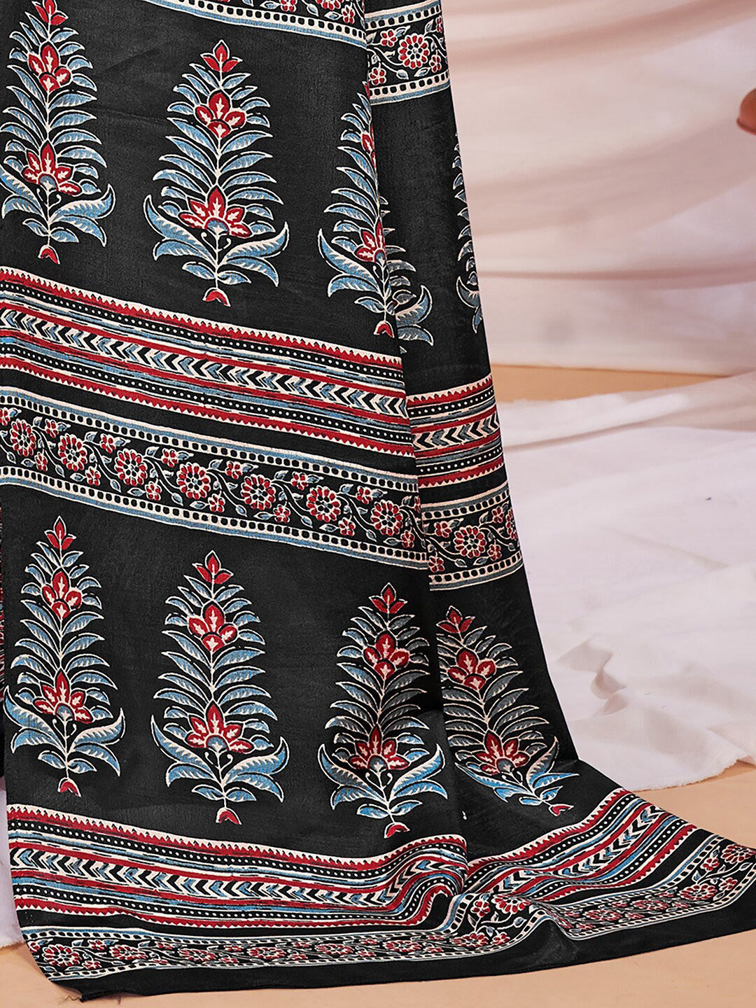 Saree Mall Ajrakh Silk Blend Block Print Sarees