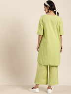 Sangria Women Green & White Embroidered Pure Cotton Asymmetric Kurta with Palazzos
