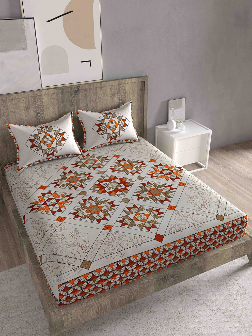 Spangle Red & Orange Ethnic Motifs 260 TC King Bedsheet with 2 Pillow Covers