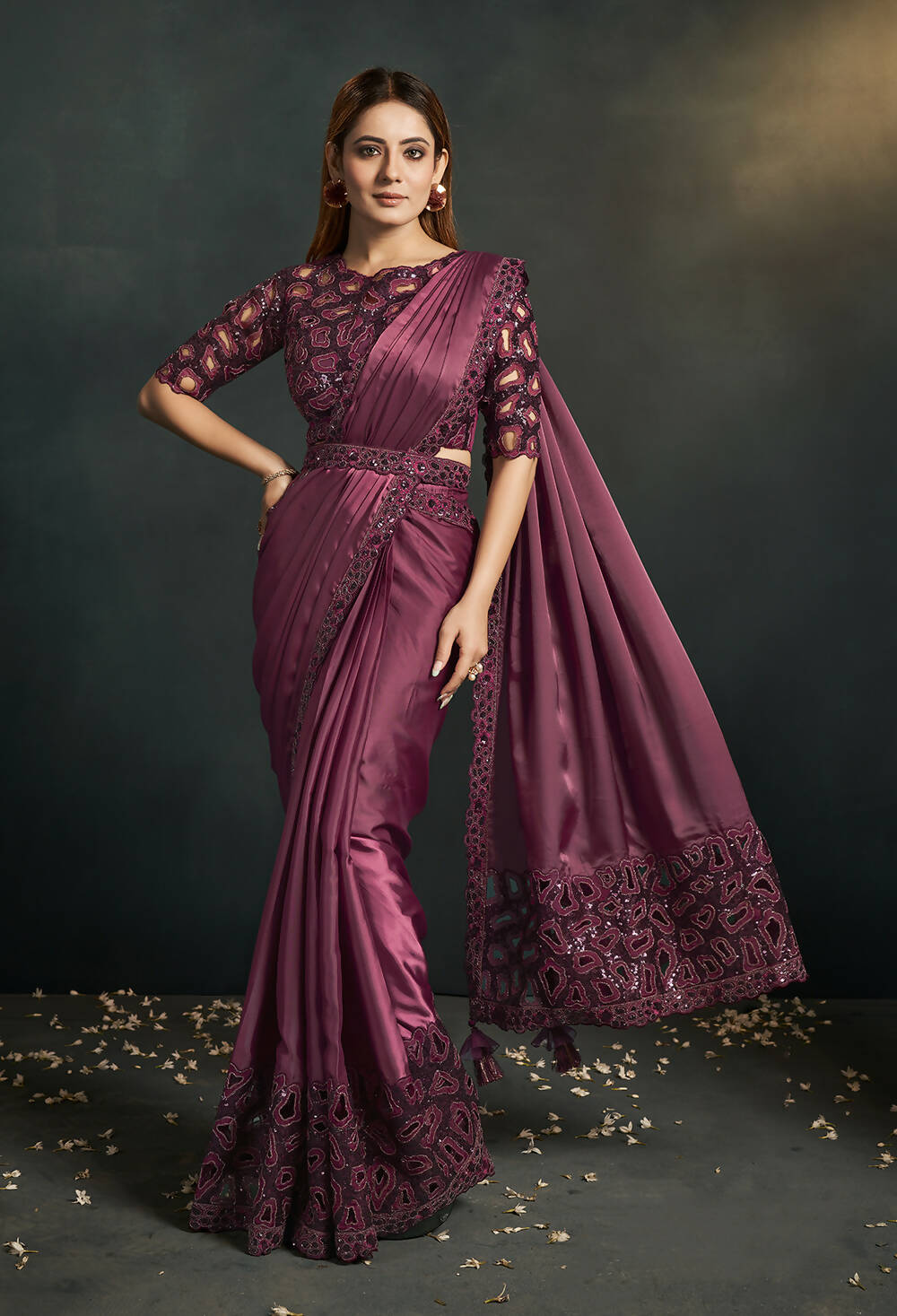 Maroon Silk Crepe Satin Cord Sequence & Thread Embroidered Saree - Moh-Manthan Royal Enigma