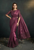 Maroon Silk Crepe Satin Cord Sequence & Thread Embroidered Saree - Moh-Manthan Royal Enigma