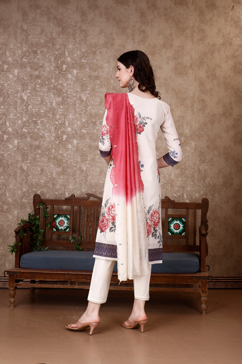 Hand Embroidered & Floral Printed Kurta With Pant & Dupatta Luxury, Multicolor - Hiral Fashion - Distacart