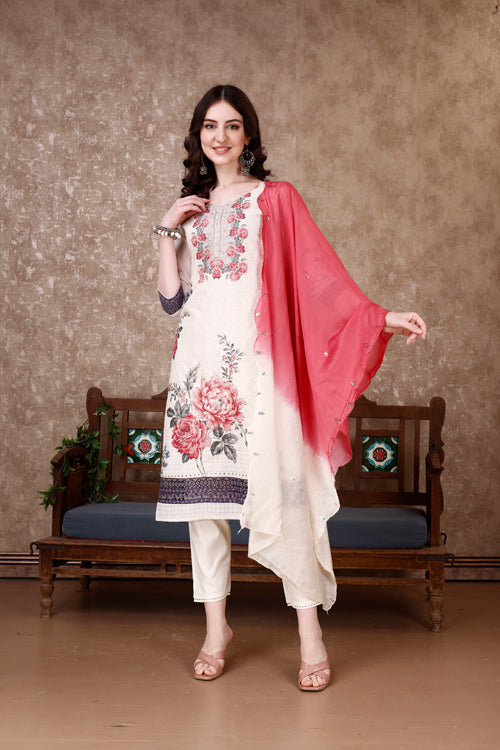 Hand Embroidered & Floral Printed Kurta With Pant & Dupatta Luxury, Multicolor - Hiral Fashion - Distacart