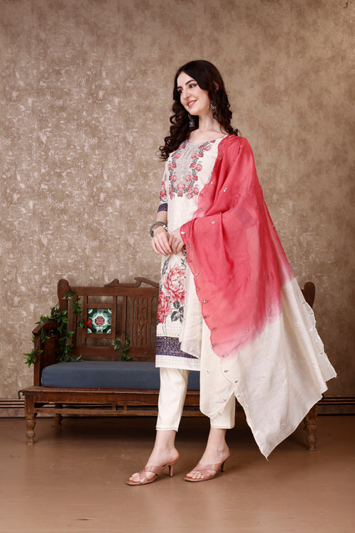 Hand Embroidered & Floral Printed Kurta With Pant & Dupatta Luxury, Multicolor - Hiral Fashion - Distacart