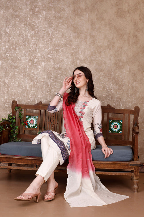 Hand Embroidered & Floral Printed Kurta With Pant & Dupatta Luxury, Multicolor - Hiral Fashion - Distacart