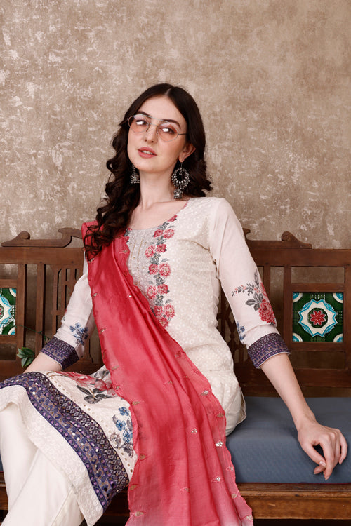 Hand Embroidered & Floral Printed Kurta With Pant & Dupatta Luxury, Multicolor - Hiral Fashion - Distacart
