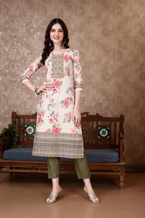 Hand Embroidered & Floral Printed Kurta With Pant & Dupatta Luxury, Multicolor - Hiral Fashion - Distacart
