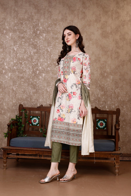 Hand Embroidered & Floral Printed Kurta With Pant & Dupatta Luxury, Multicolor - Hiral Fashion - Distacart