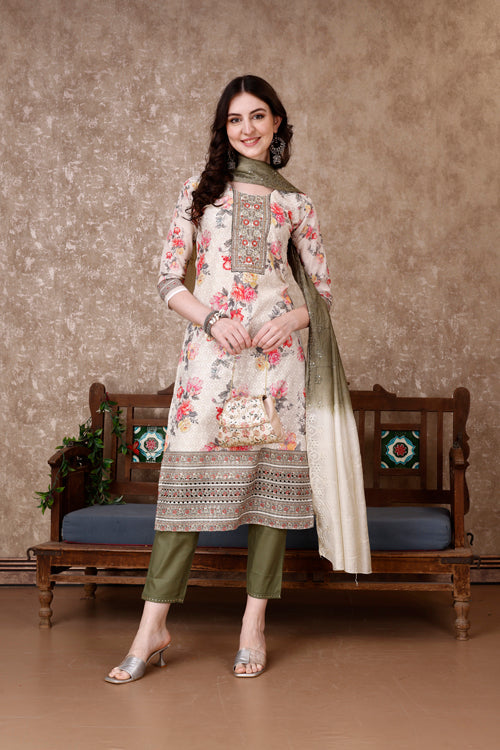 Hand Embroidered & Floral Printed Kurta With Pant & Dupatta Luxury, Multicolor - Hiral Fashion - Distacart
