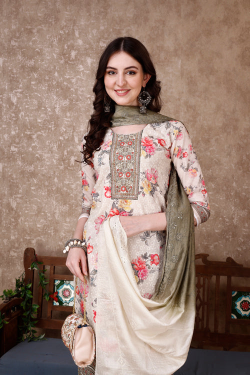 Hand Embroidered & Floral Printed Kurta With Pant & Dupatta Luxury, Multicolor - Hiral Fashion - Distacart