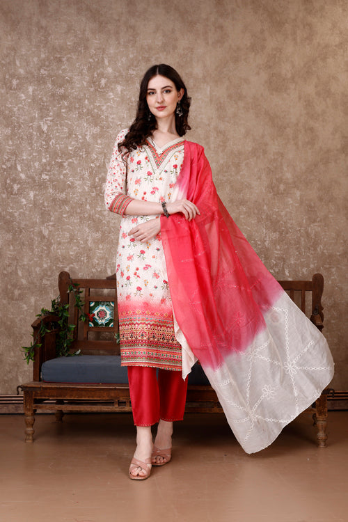 Hand Embroidered & Floral Printed Kurta With Pant & Dupatta Luxury, Multicolor - Hiral Fashion - Distacart