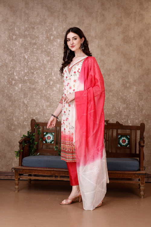 Hand Embroidered & Floral Printed Kurta With Pant & Dupatta Luxury, Multicolor - Hiral Fashion - Distacart