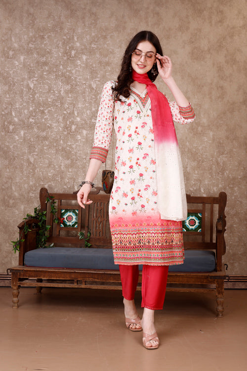 Hand Embroidered & Floral Printed Kurta With Pant & Dupatta Luxury, Multicolor - Hiral Fashion - Distacart