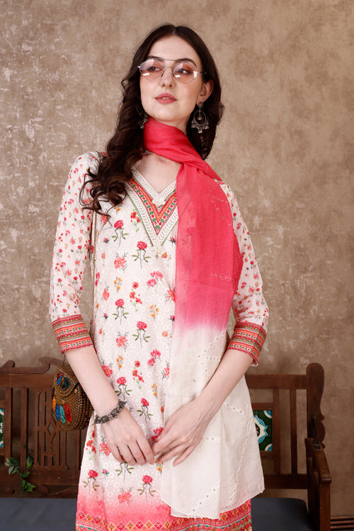 Hand Embroidered & Floral Printed Kurta With Pant & Dupatta Luxury, Multicolor - Hiral Fashion - Distacart