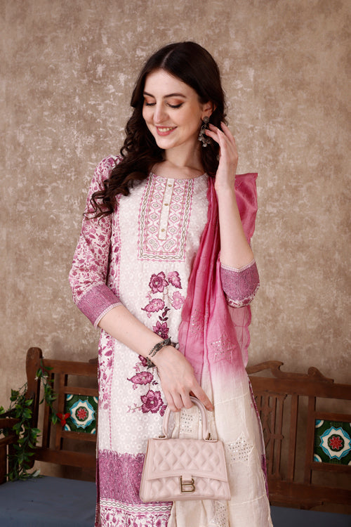 Hand Embroidered & Floral Printed Kurta With Pant & Dupatta Luxury, Multicolor - Hiral Fashion - Distacart