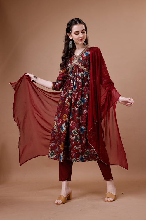 Alia Cut Floral Printed Embroidered Kurta With Pant & Dupatta, Multicolor - Hiral Fashion