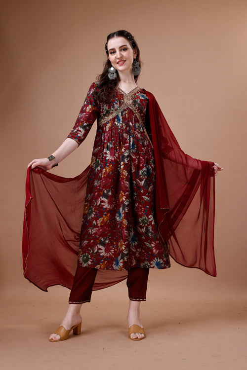 Alia Cut Floral Printed Embroidered Kurta With Pant & Dupatta, Multicolor - Hiral Fashion