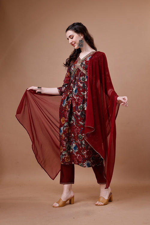 Alia Cut Floral Printed Embroidered Kurta With Pant & Dupatta, Multicolor - Hiral Fashion
