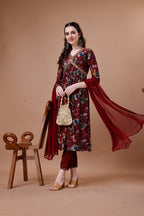 Alia Cut Floral Printed Embroidered Kurta With Pant & Dupatta, Multicolor - Hiral Fashion