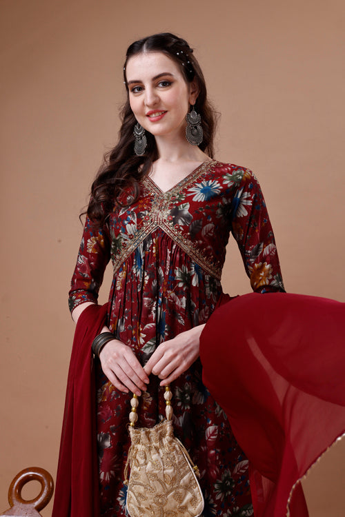 Alia Cut Floral Printed Embroidered Kurta With Pant & Dupatta, Multicolor - Hiral Fashion
