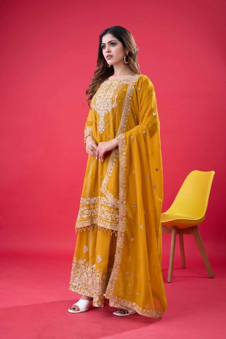 Teeya Creation Yellow Color Faux georgette Embroidery Work Sharara Set - Distacart