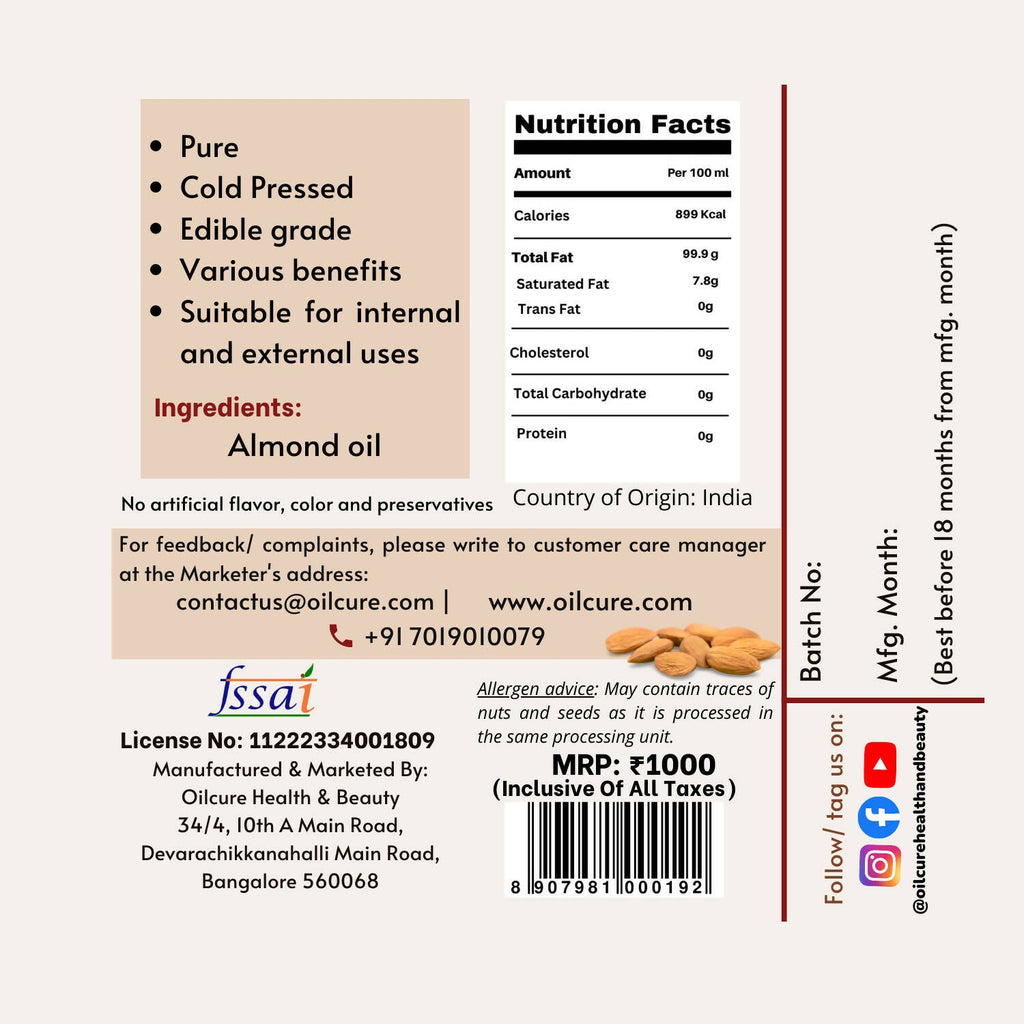 Oilcure Almond Oil Cold Pressed - Distacart