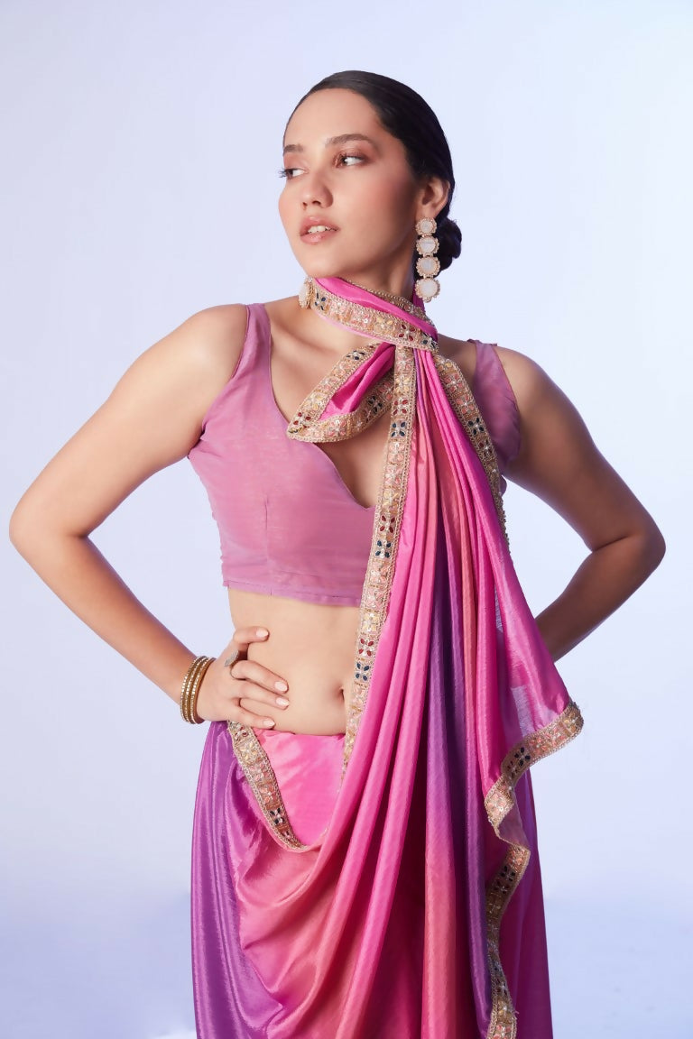 Pink Chinon Solid Designer & Lace Work Saree - Samaa