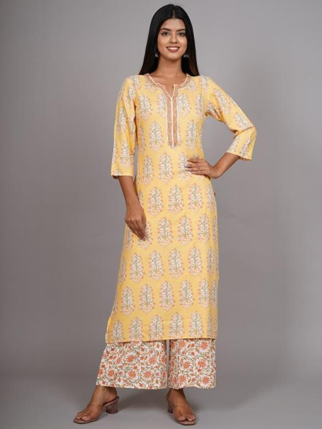 HERE&NOW Women Yellow Floral Printed Thread Work Kurta with Palazzos & With Dupatta