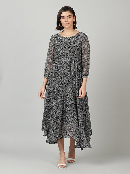 Souchii Women Grey & Black Ethnic Motifs Chiffon A-Line Midi Dress