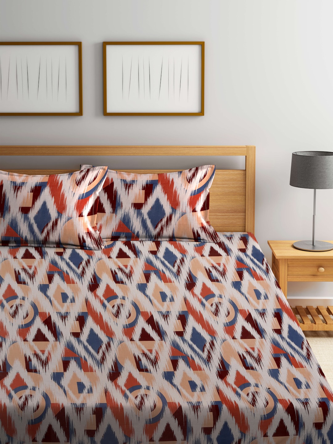 BOMBAY DYEING Marigold Brown Geometric Cotton 104 TC King Bedsheet & 2 Pillow Covers