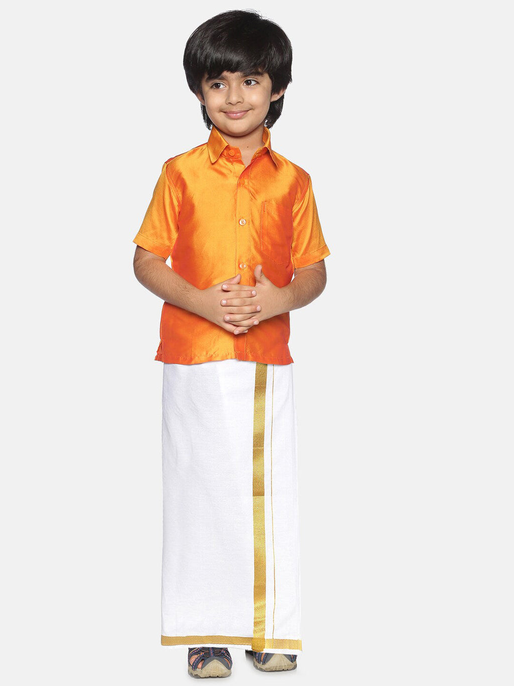 Sethukrishna Boys Orange & White Solid Shirt with Pure Cotton Dhoti Set
