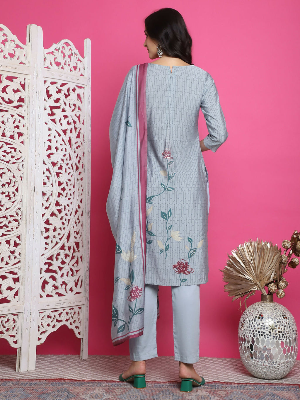Jyoti Fashion Women's Grey Muslin Floral Print with Jari & Crystal work Kurta with Trouser & Dupatta