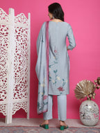 Jyoti Fashion Women's Grey Muslin Floral Print with Jari & Crystal work Kurta with Trouser & Dupatta