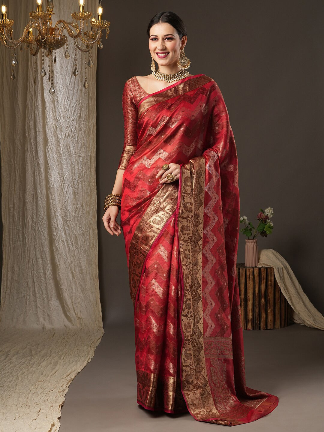 Saree Mall Pink & Gold-Toned Woven Design Zari Silk Blend Bagru Sarees - Distacart