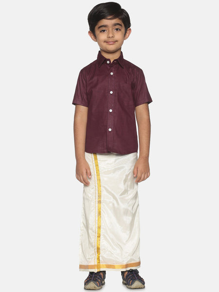 Sethukrishna Boys Maroon & White Pure Cotton Shirt with Dhoti