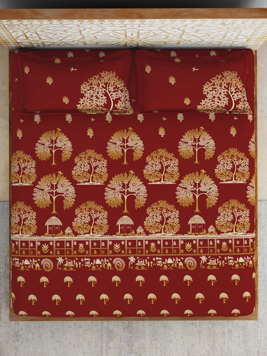 SPACES Red & Yellow Ethnic Motifs Cotton 210 TC King Bedsheet With 2 Pillow Covers
