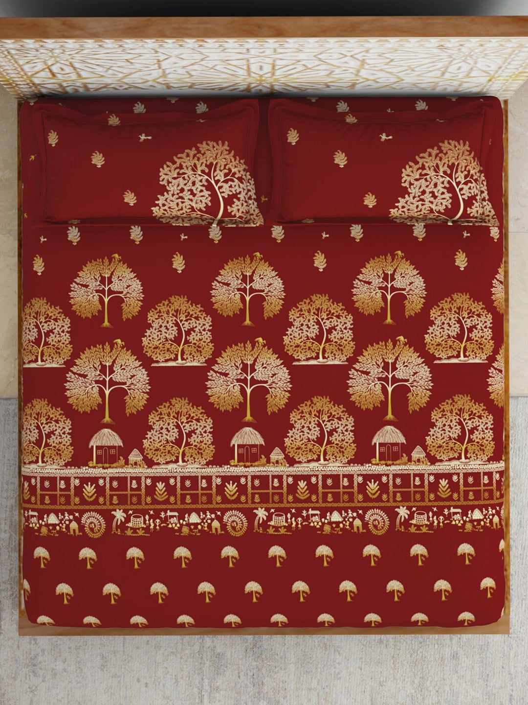 SPACES Red & Yellow Ethnic Motifs Cotton 210 TC King Bedsheet With 2 Pillow Covers
