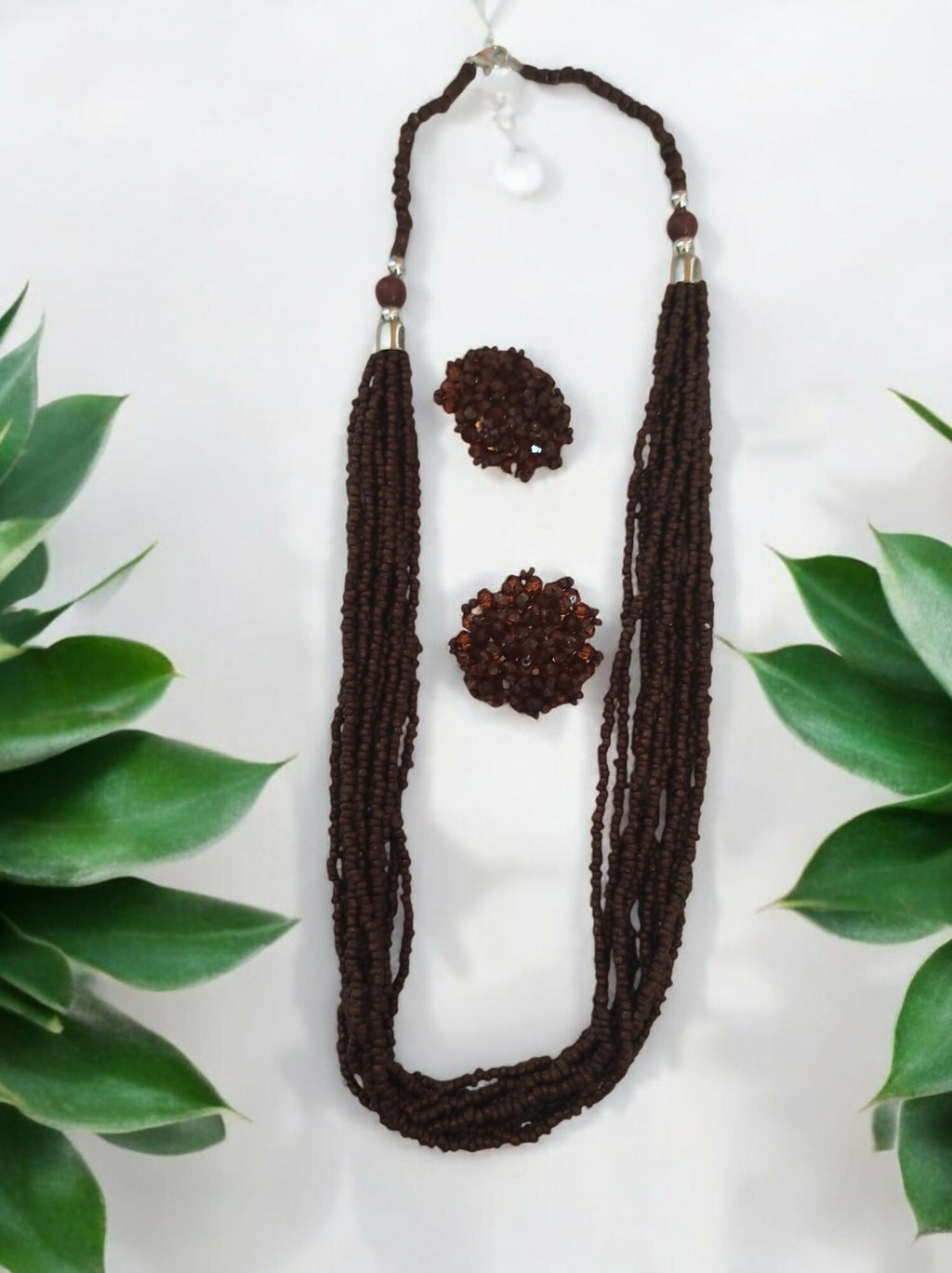 Inhanns Bloom Handmade Beaded Necklace With Earrings - 12 Layers - Coffee Necklace Set