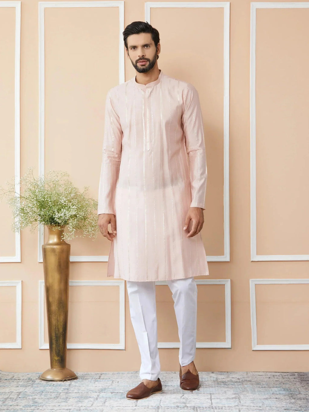 Fabmade Pink Embroidered Regular Sequinned Chanderi Silk Kurta