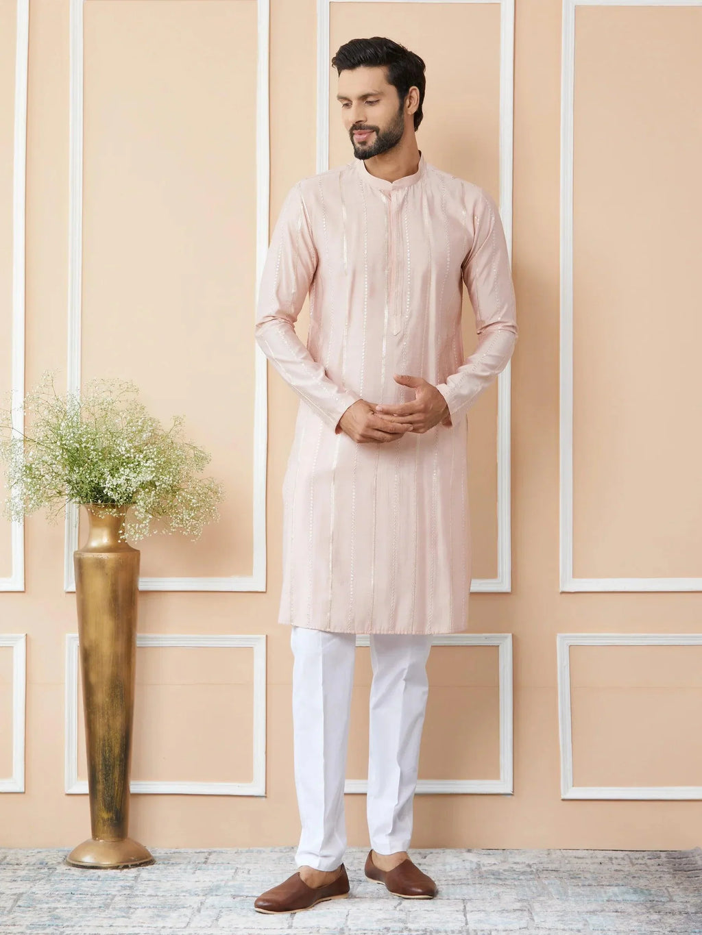 Fabmade Pink Embroidered Regular Sequinned Chanderi Silk Kurta